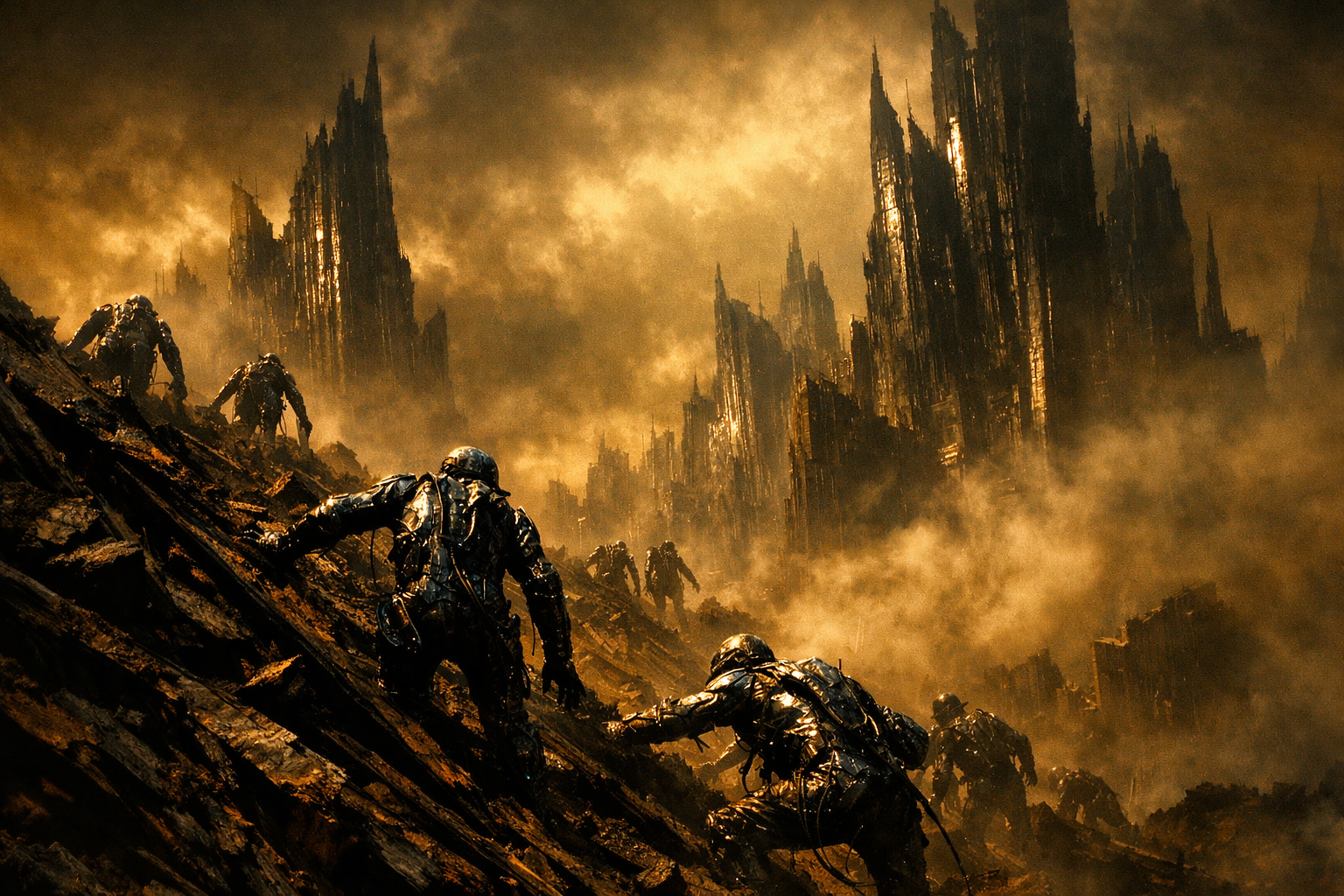 cinematic photorealism of towering jagged skyscrapers