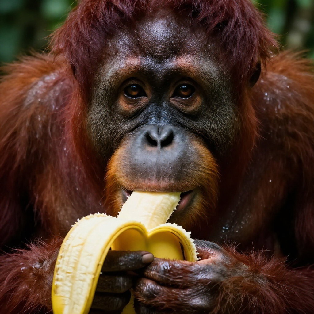 orangutan peeling banana in jungle
