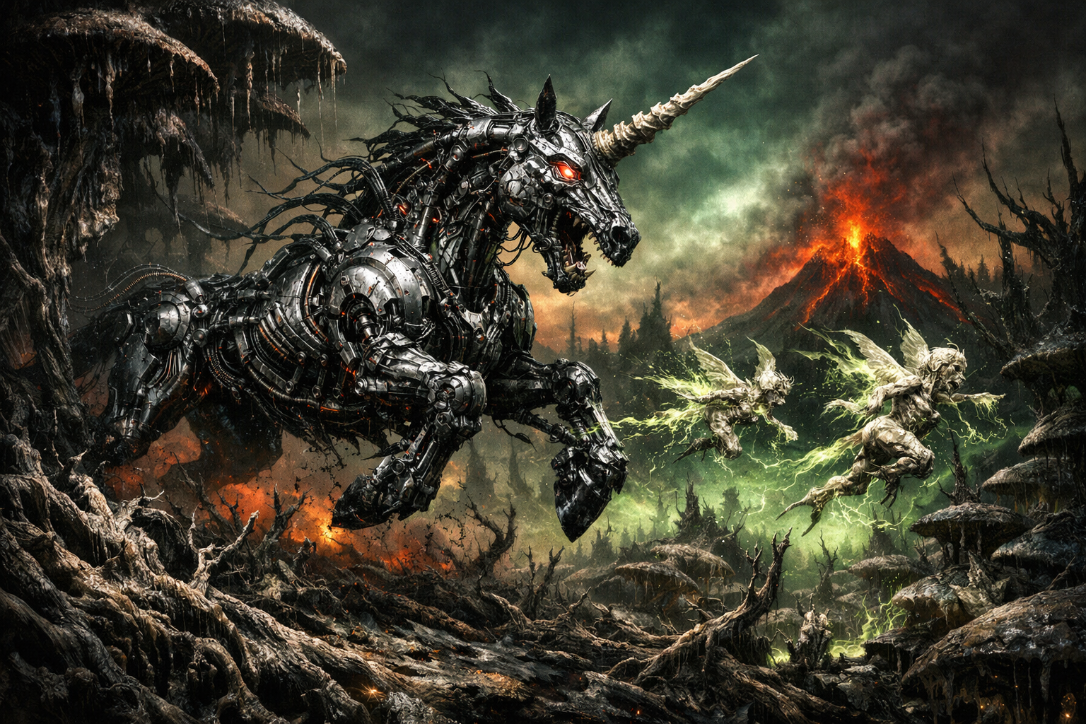 dark biomechanical surrealism mechanized infernal unicorn