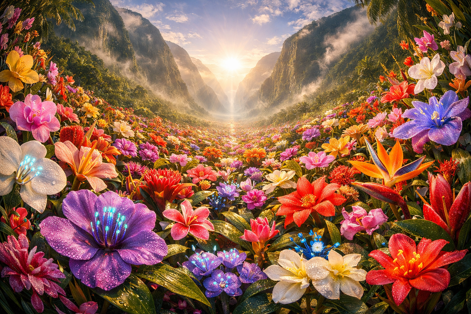 tropical blossoms valley sunlight bioluminescent stamens