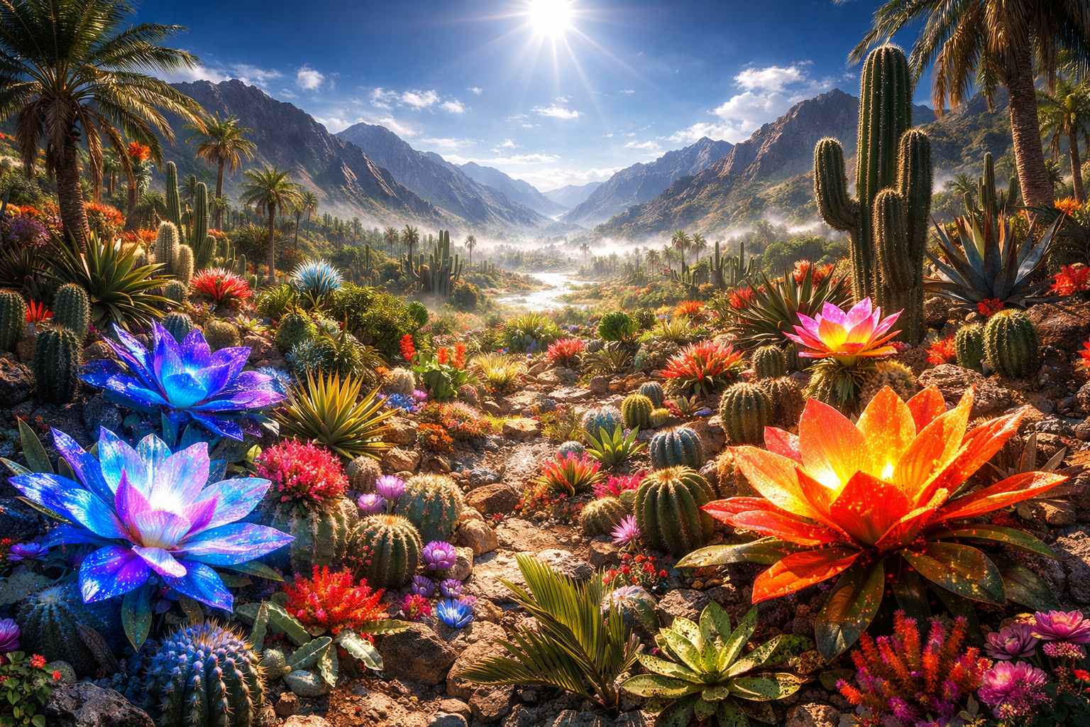 hyperrealistic digital painting of vast valley flora