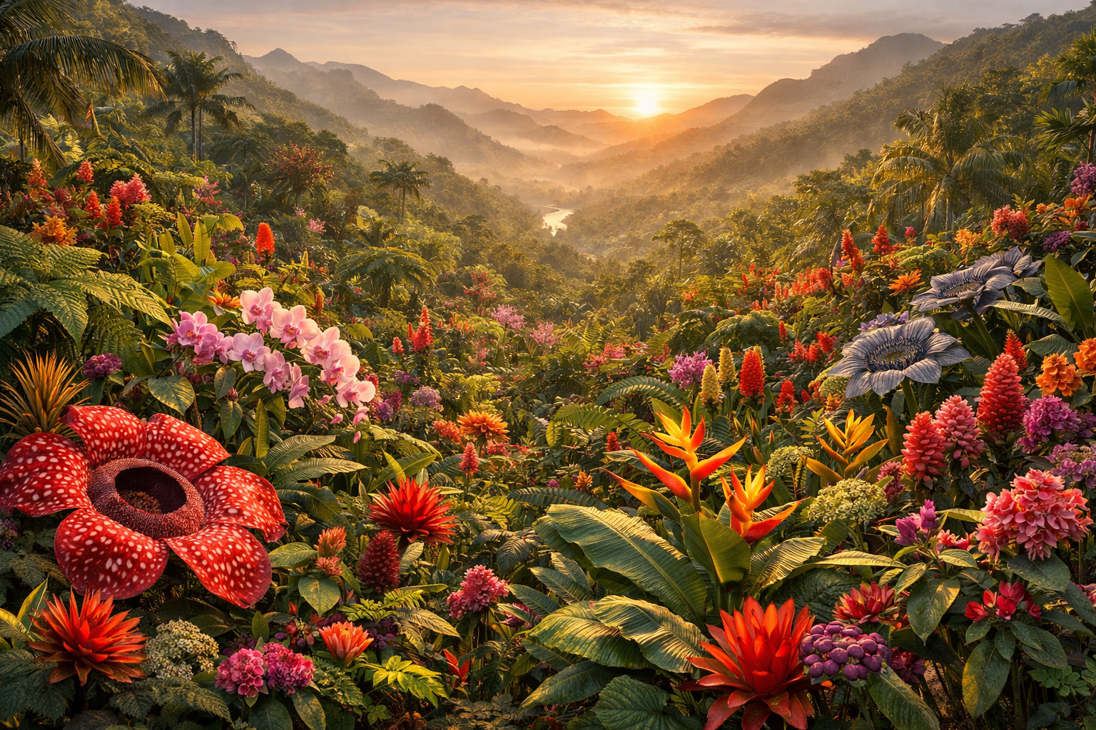 ultra photorealistic tropical valley golden hour