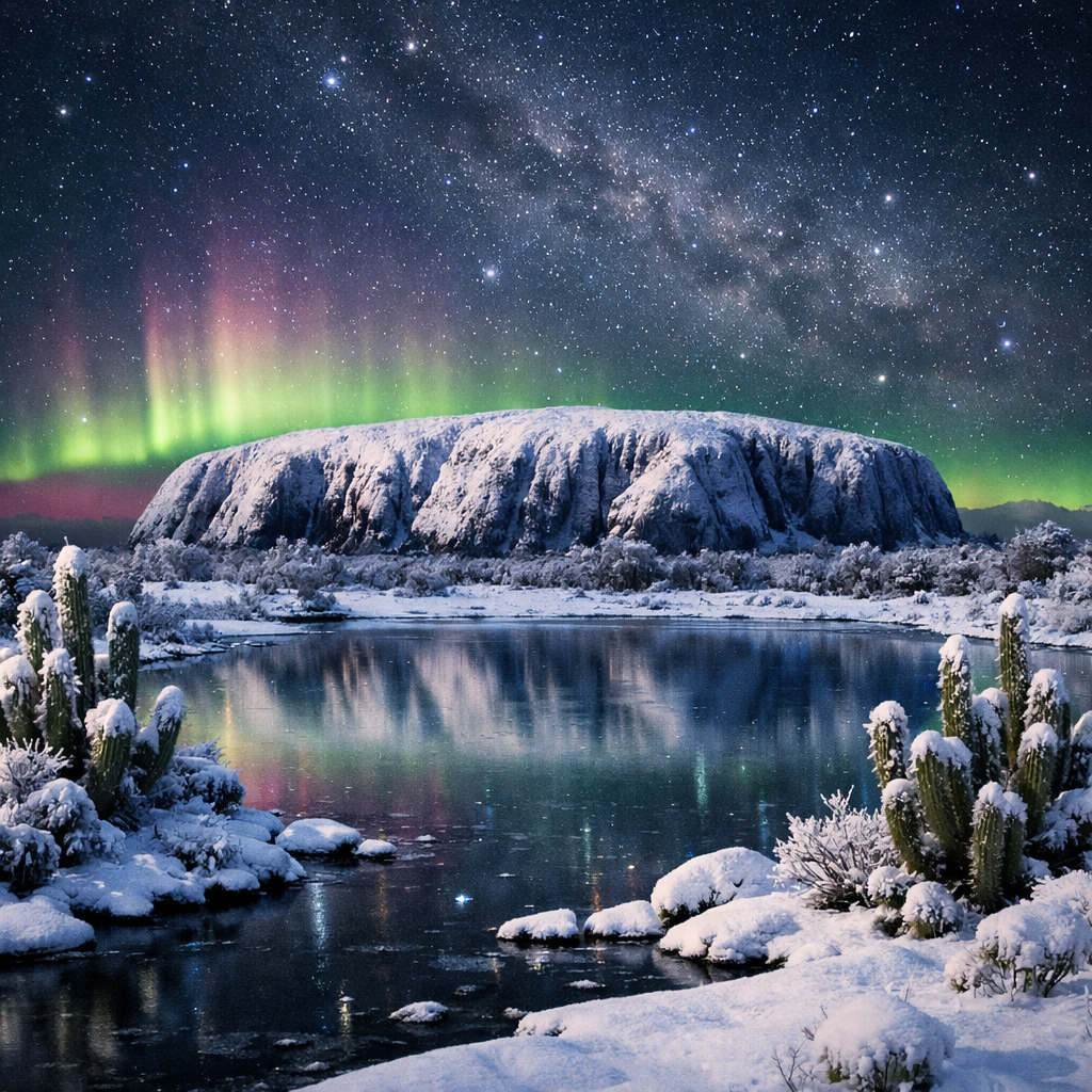 frosty lake snowy uluru aurora australis night