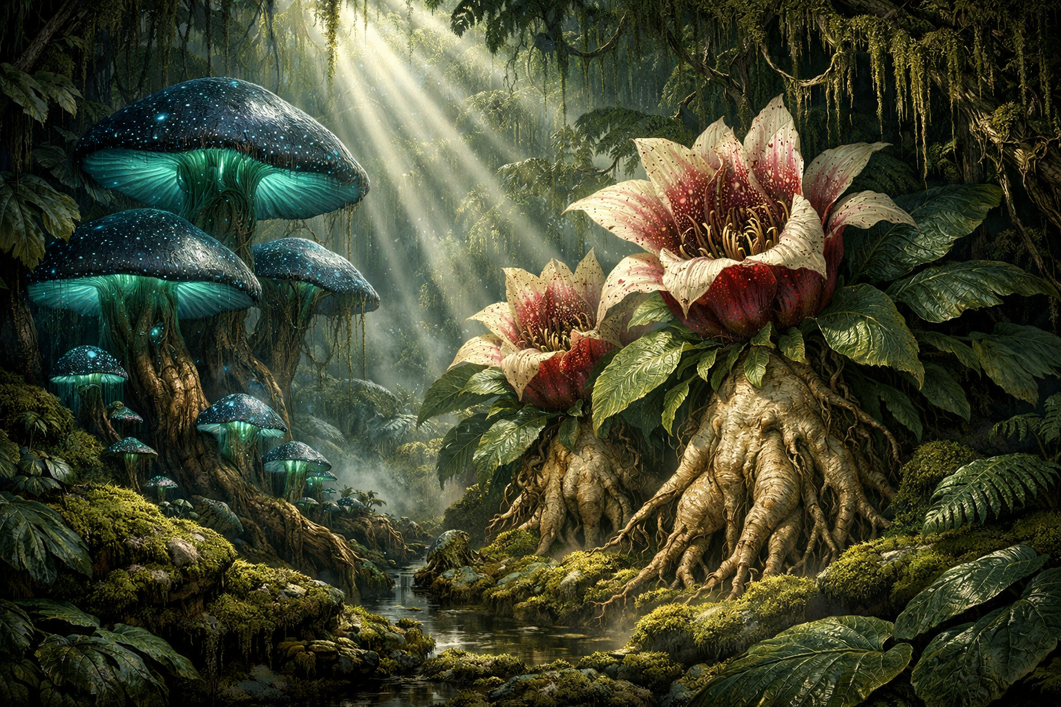 hyperrealistic jungle ecosystem bioluminescent fungi mandragora