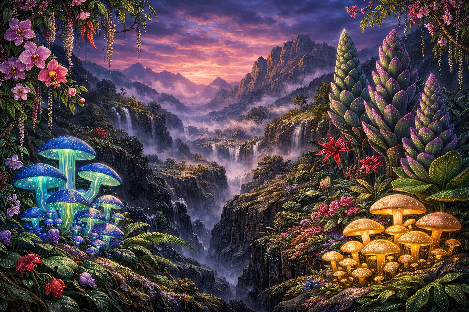 misty valley ecosystem with luminous fungi