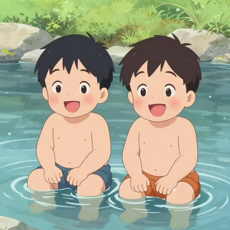 chubby siblings washing in river anime