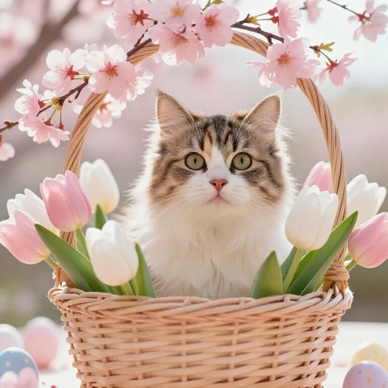 cat peeking from easter display among flowers