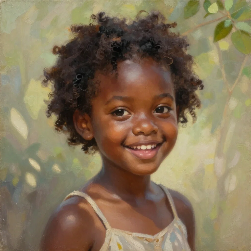 cute black girl in sunlight oil painting