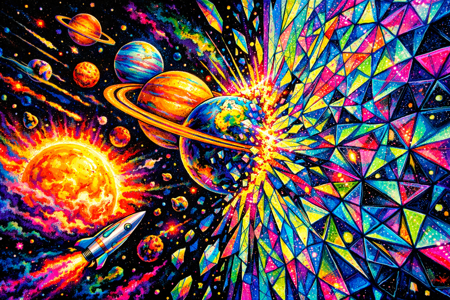 psychedelic solar system collision quantum wall neon