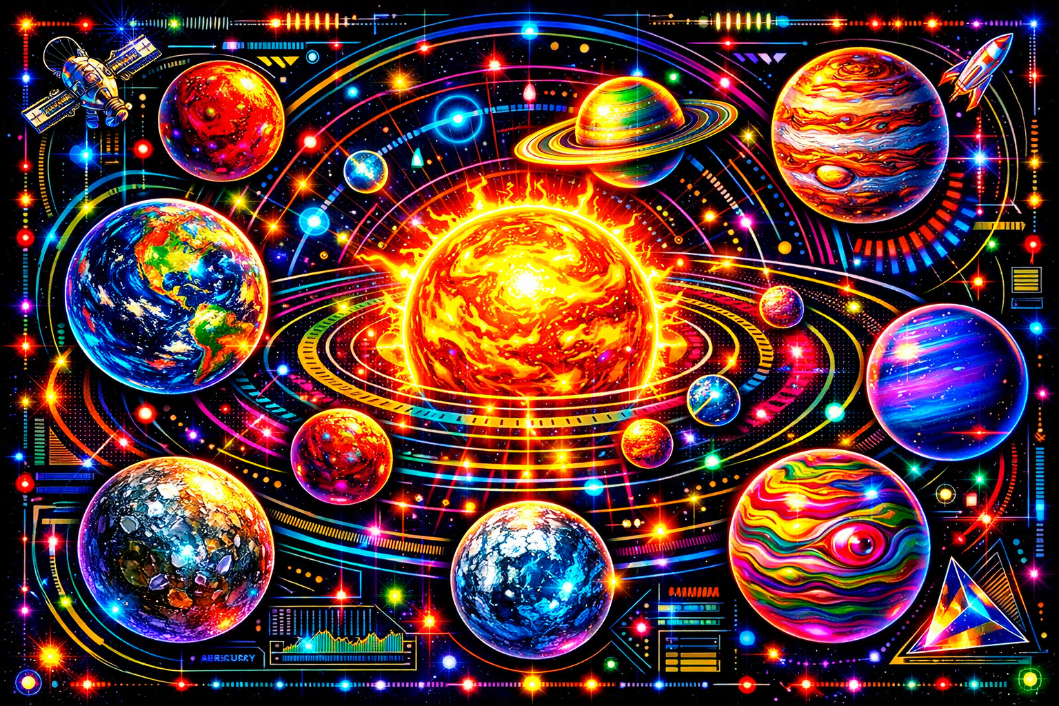 psychedelic op art vibrant solar system neon glow