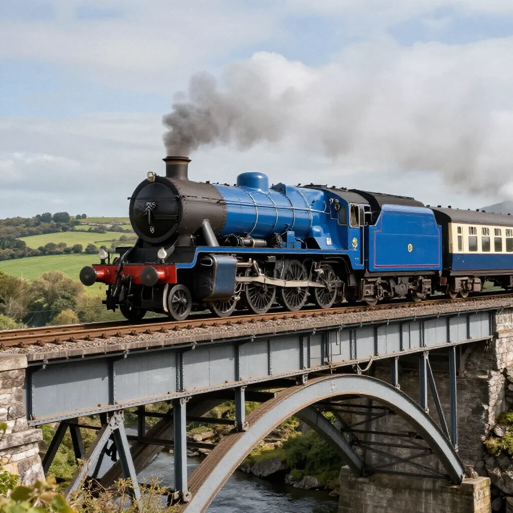 blue steam locomotive bridge river english countryside