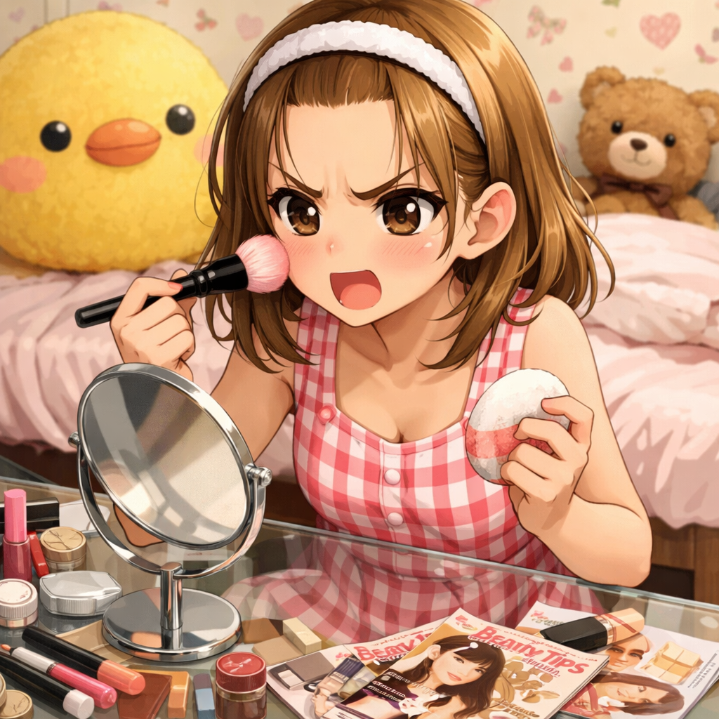 anime girl struggling with makeup in room