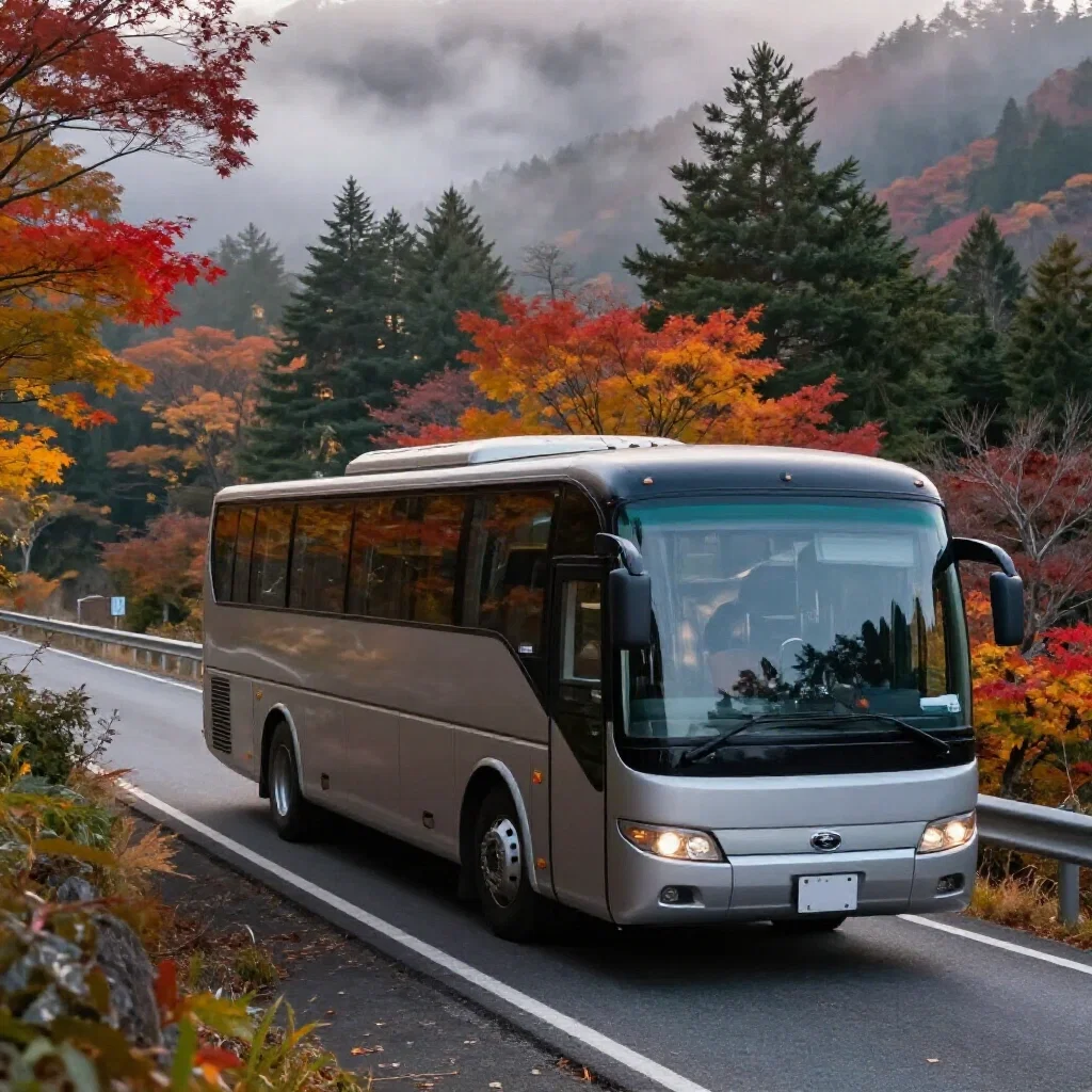 tour bus hakone mountains autumn foliage cinematic