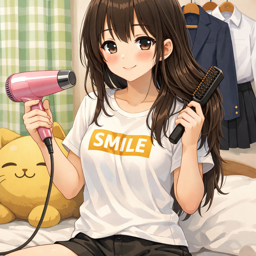 poniko anime girl drying hair in room