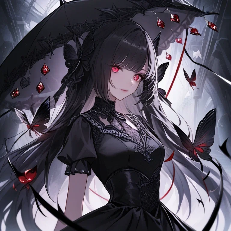 black haired girl in black dress smiling with crimson eyes