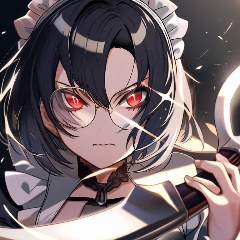 maid outfit small breasts round glasses black hair short hair red eyes large sickle
