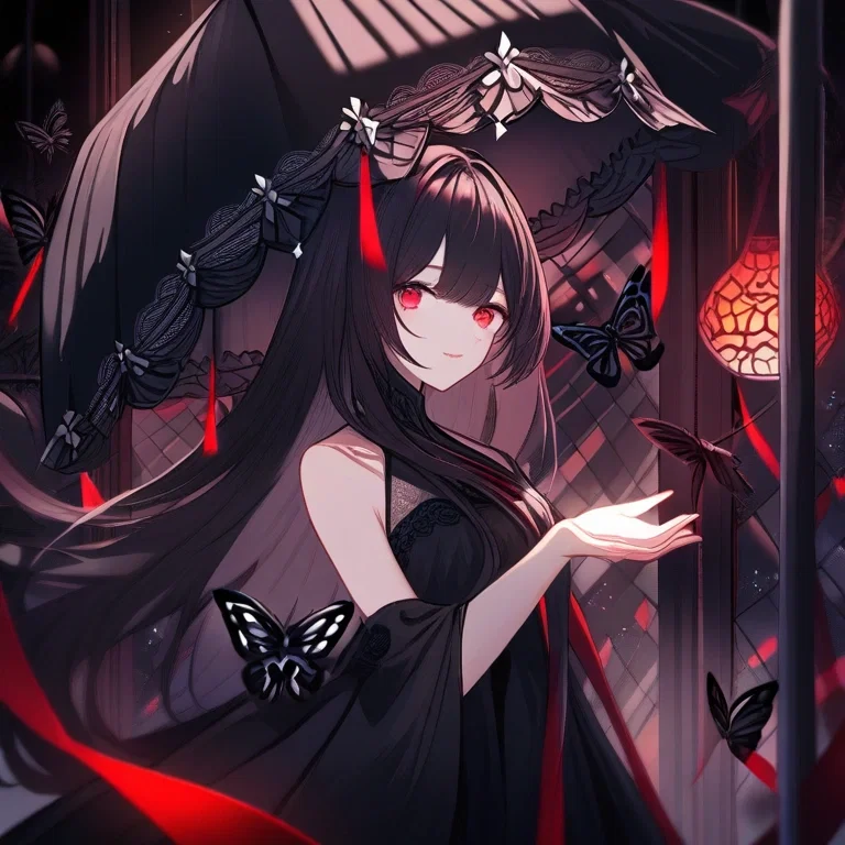 black haired girl in black dress smiling with crimson eyes