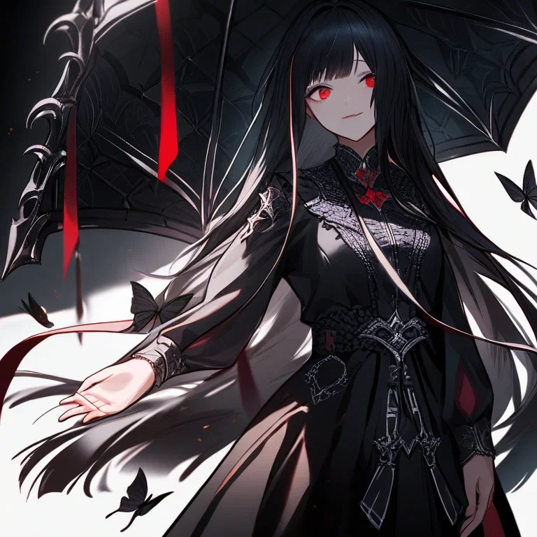 black haired girl in black dress smiling with crimson eyes