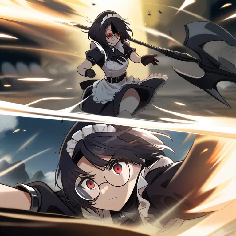 maid outfit black hair red eyes halberd action
