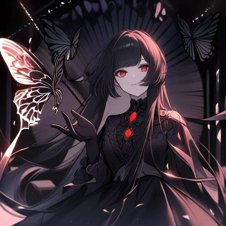 black haired girl in black dress smiling with crimson eyes