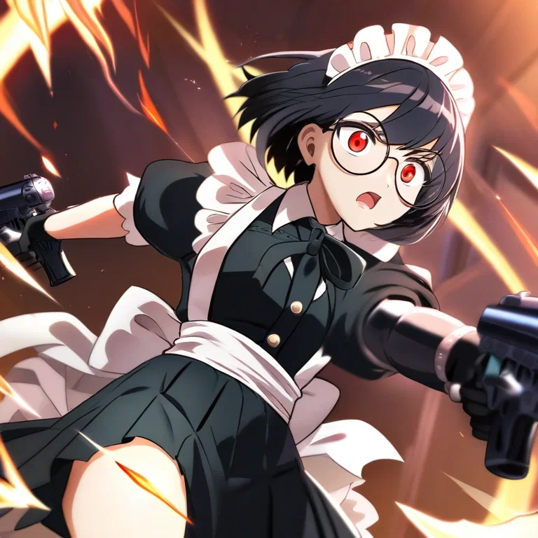 maid outfit small breasts round glasses black hair short hair red eyes dual wielding guns action scene