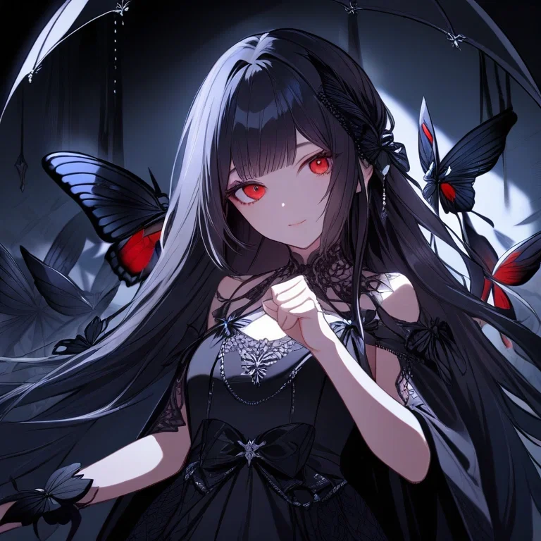 black haired girl in black dress smiling with crimson eyes
