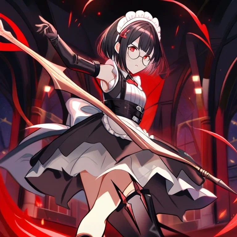 maid outfit small breasts round glasses black hair short hair red eyes spear