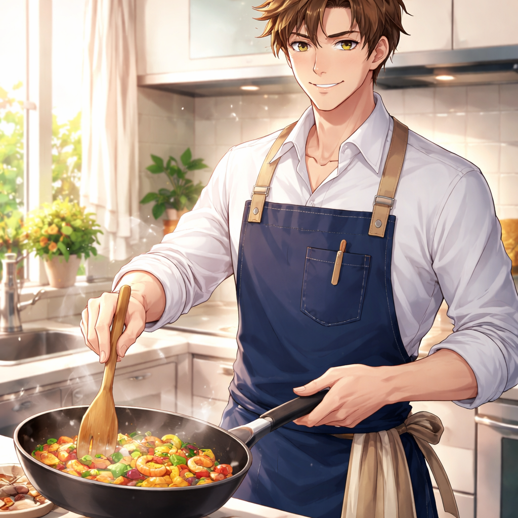 dad handsome kitchen apron cooking anime