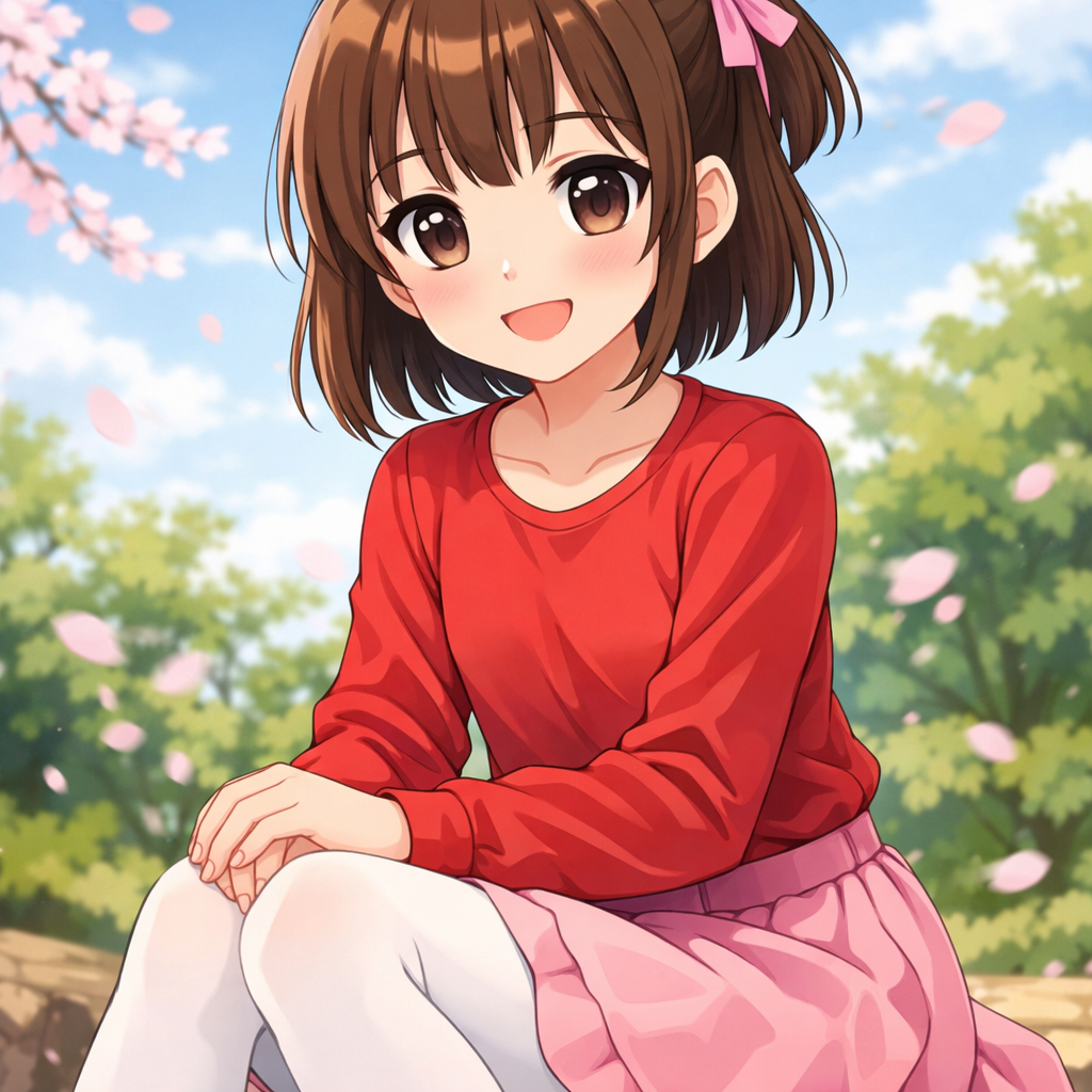 anime girl brown hair pink ribbon red shirt