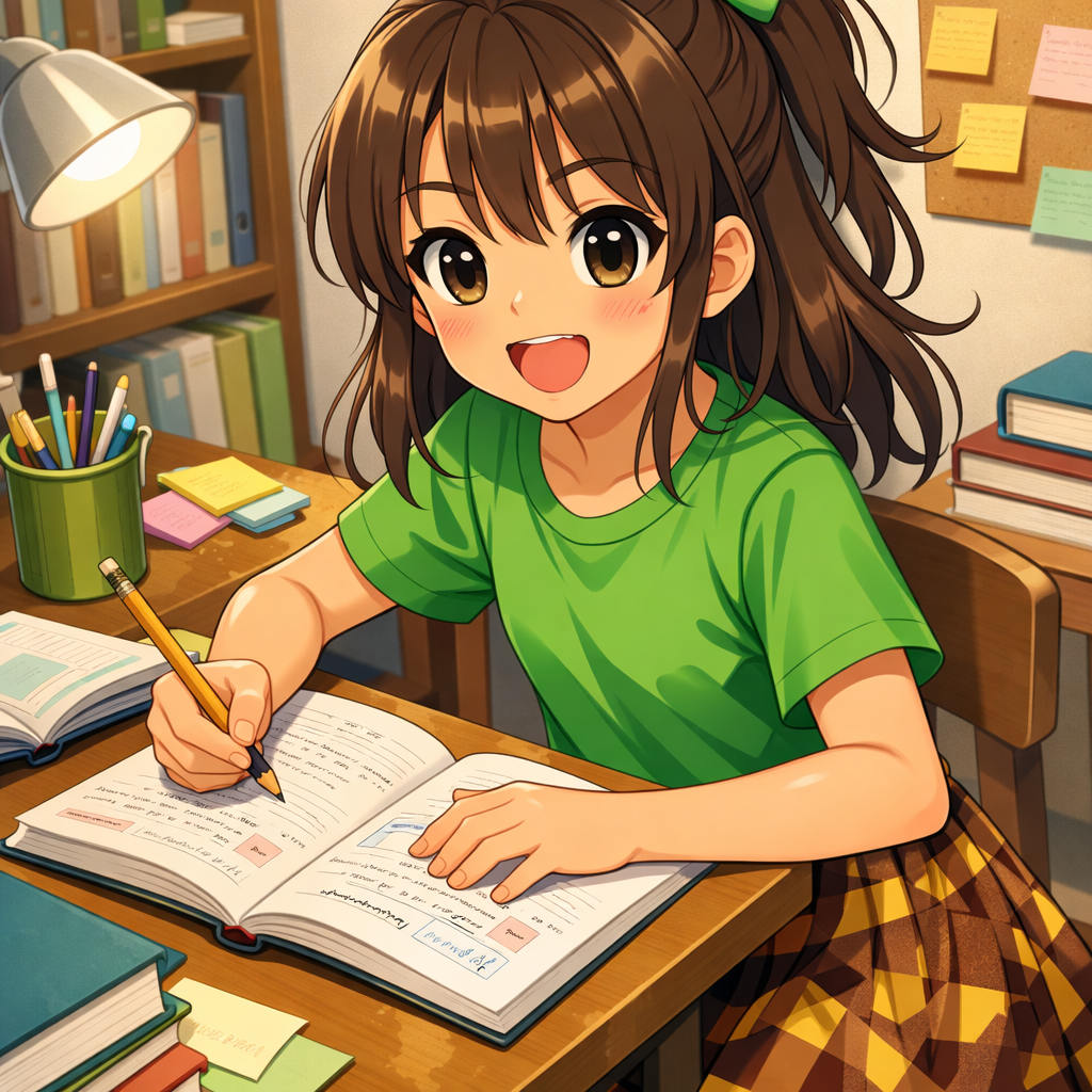 energetic anime girl studying in green