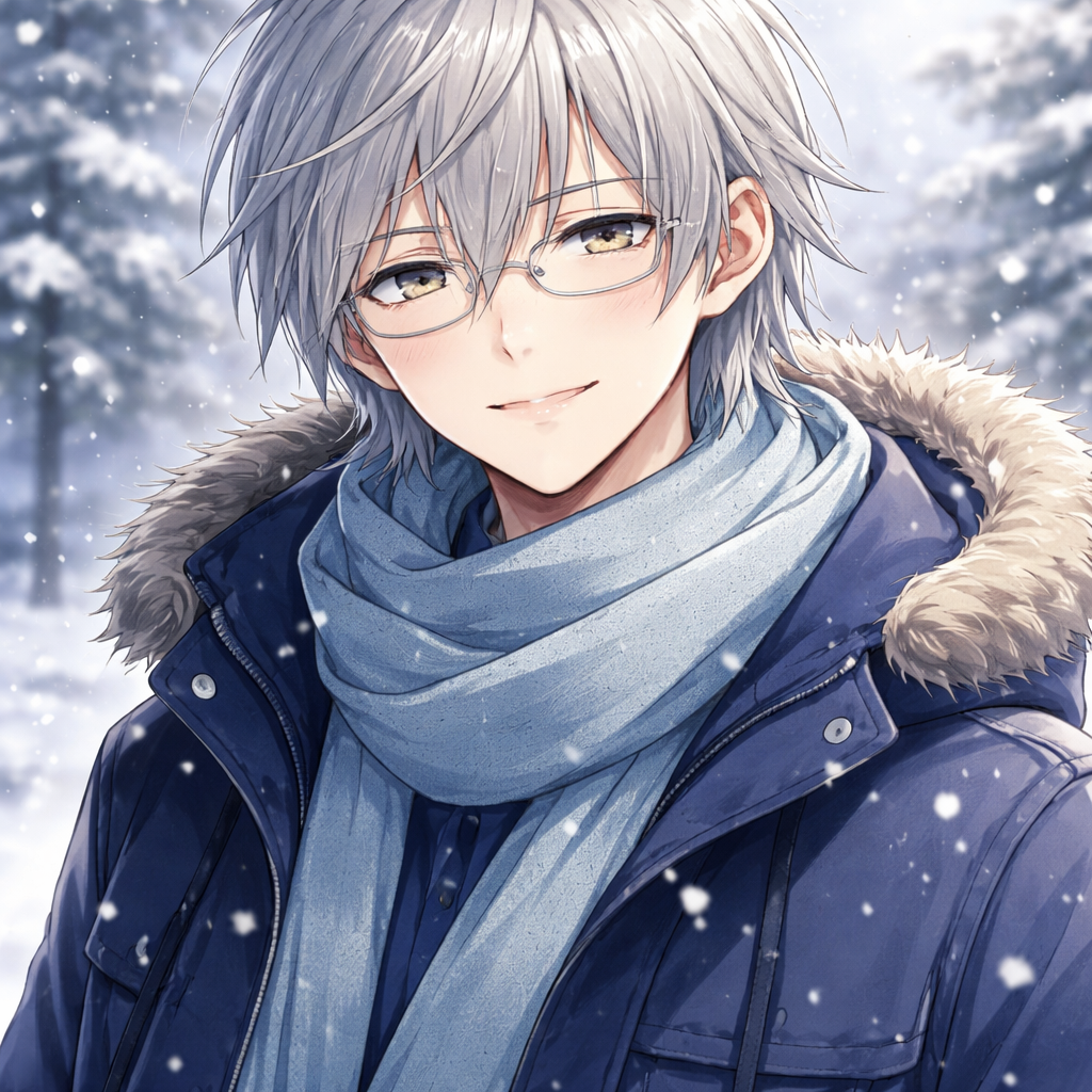 silver haired anime boy in snow