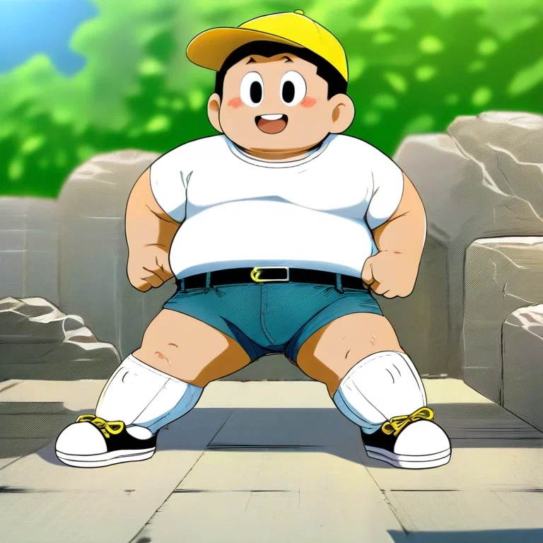 chubby boy playing on park rocks