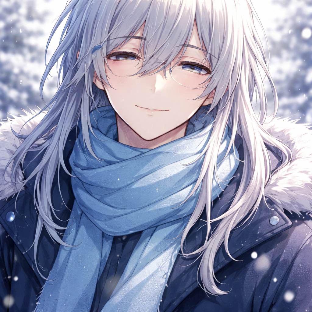 teenage boy silver hair blue coat anime
