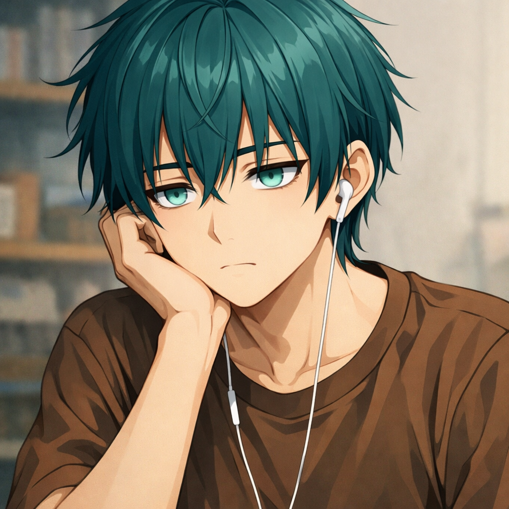 teenage boy teal hair anime style