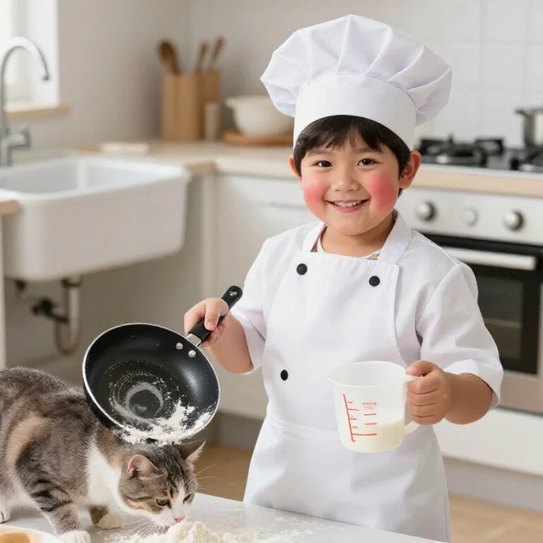 chubby boy cooking kitchen mess