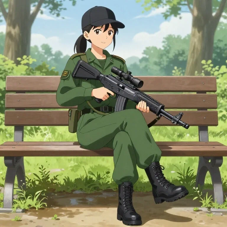 anime girl military outfit rifle park bench