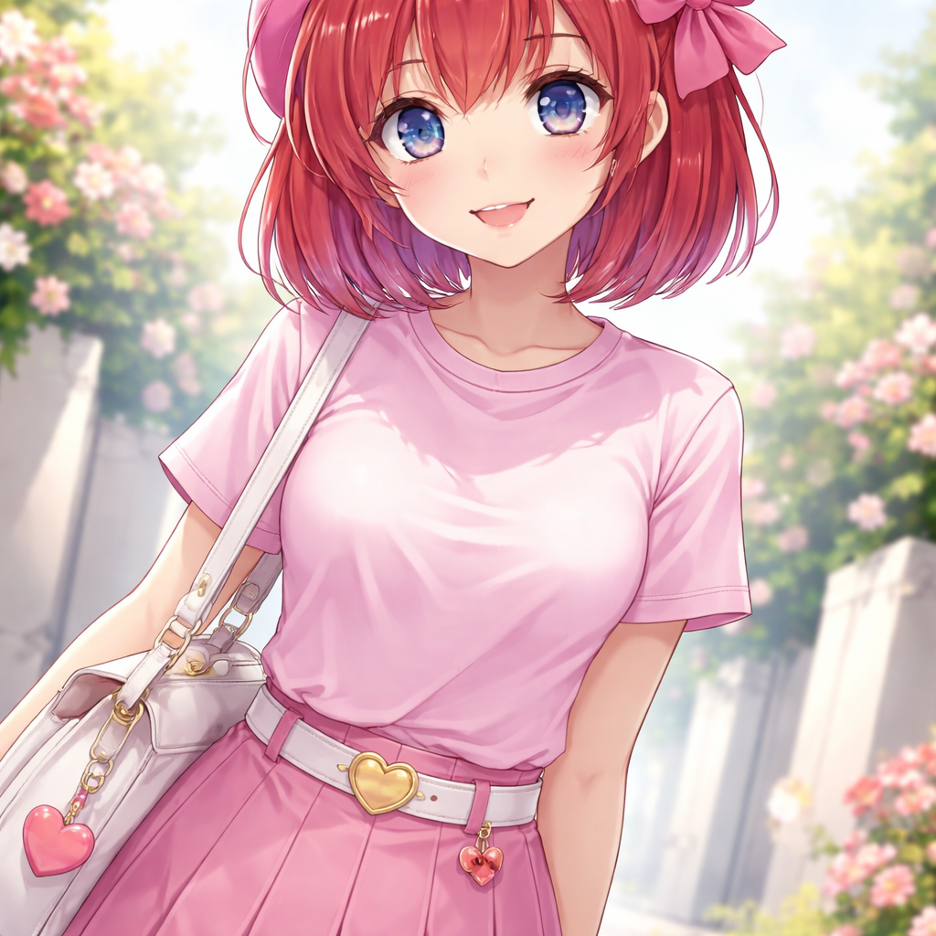anime girl red hair pink outfit blue eyes