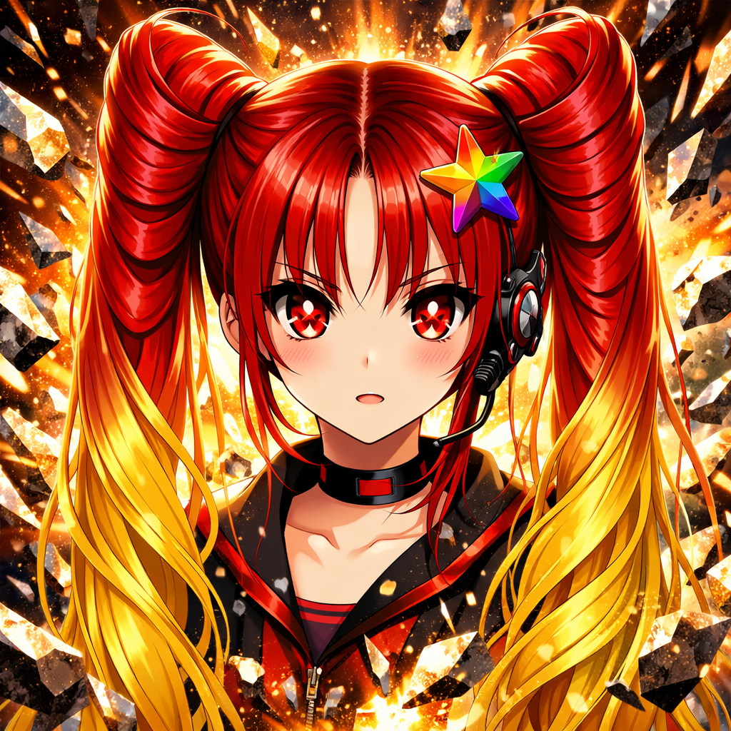 anime girl red hair twin tails star eyes