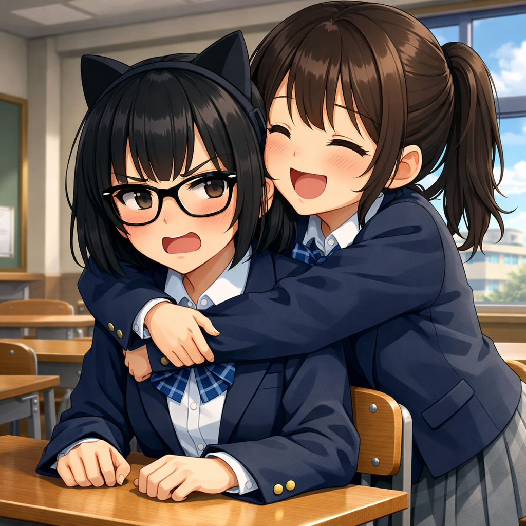 anime girls in classroom hugging