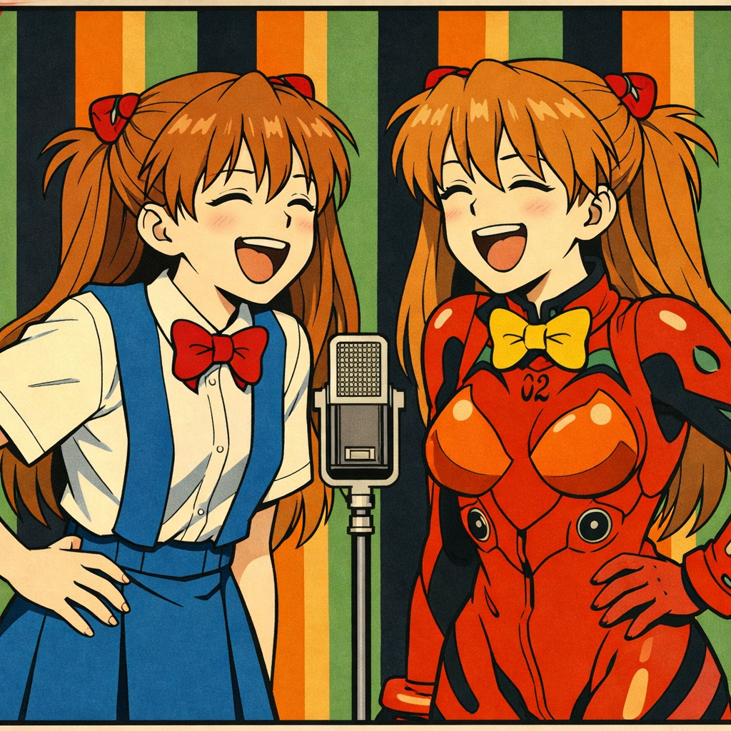 two asuka langley comedy routine in ukiyo e style
