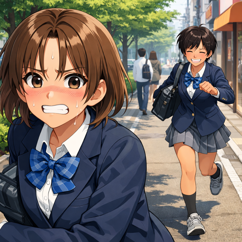 two anime girls running on school street