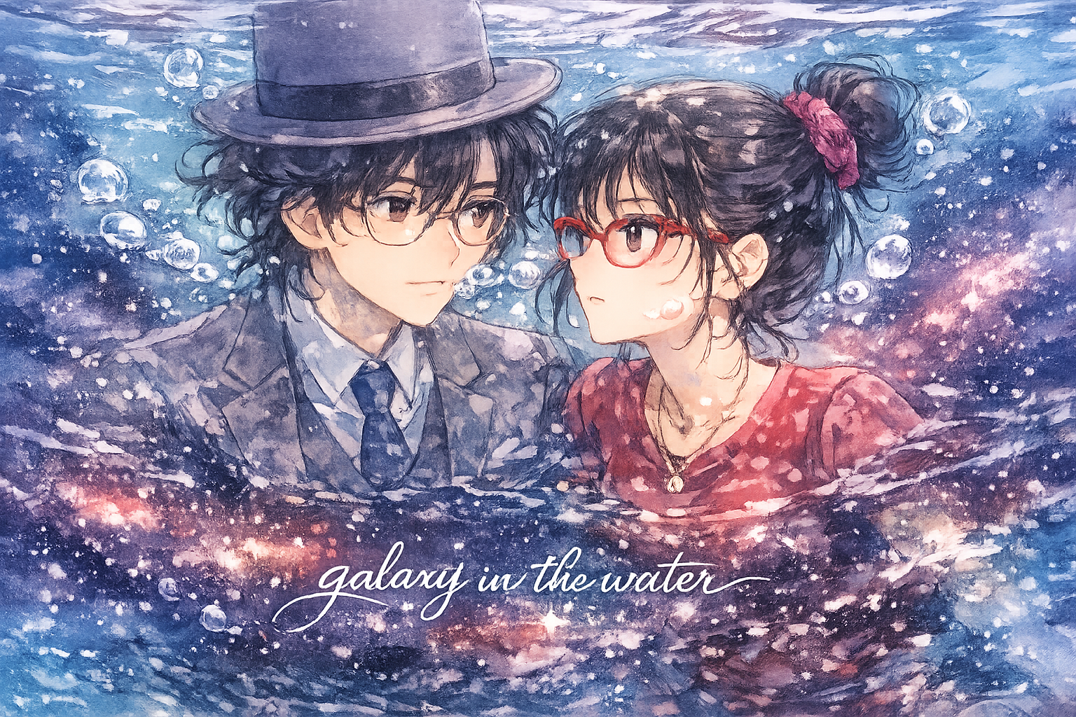two people sinking in galaxy water