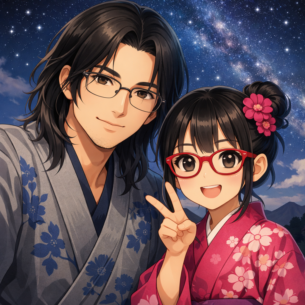 digital art japanese kimono starry sky characters