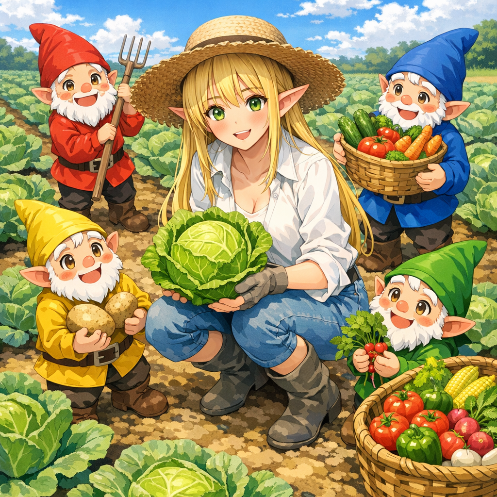 elf gnome harvest cabbage field anime