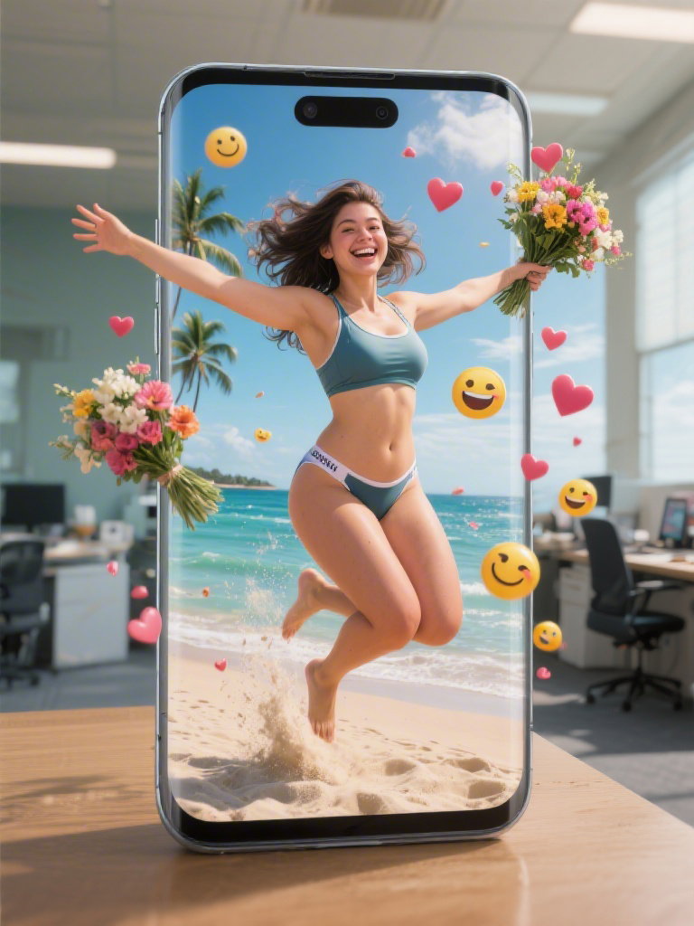 girl jumps out of smartphone screen