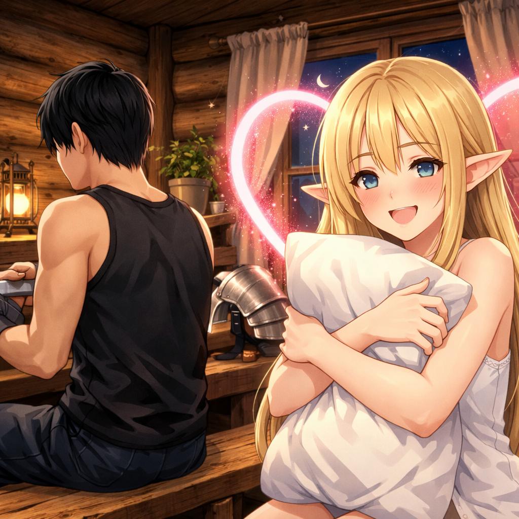 anime elf newlyweds night log house scene