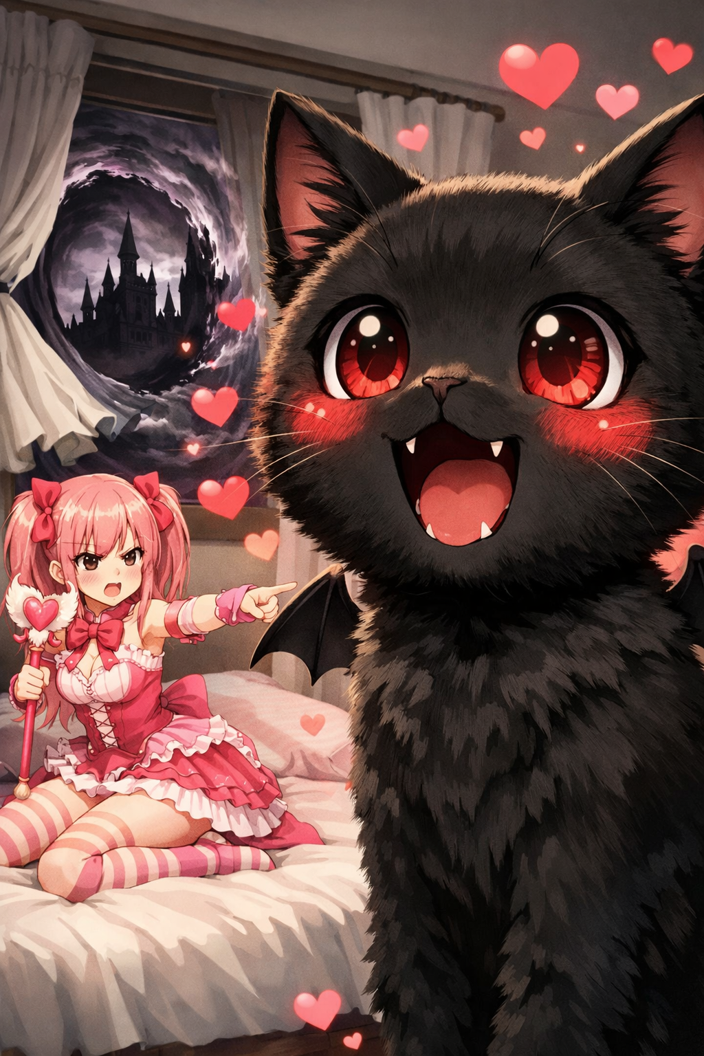 excited black cat anime style twin child