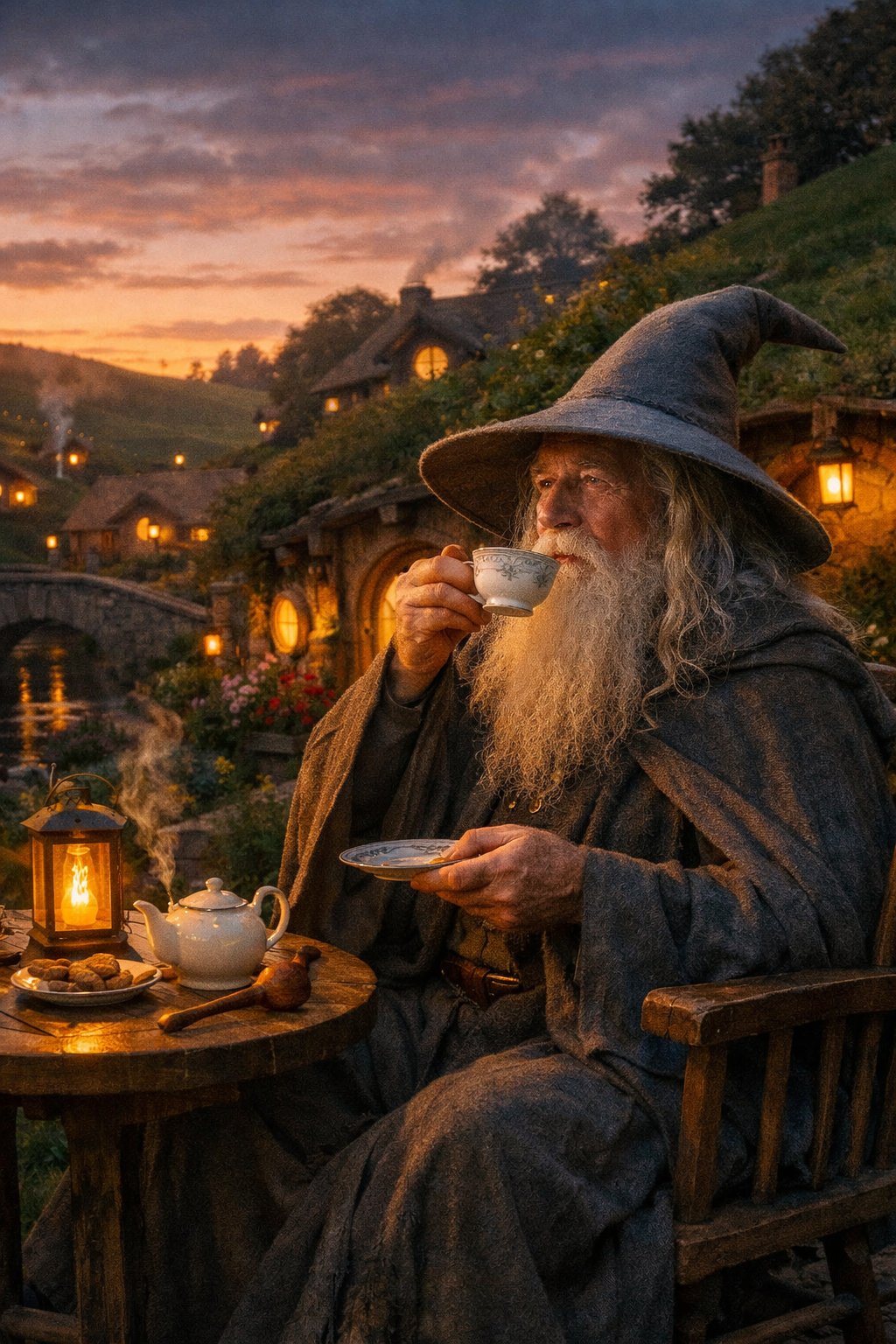 gandalf drinking tea evening hobbit village