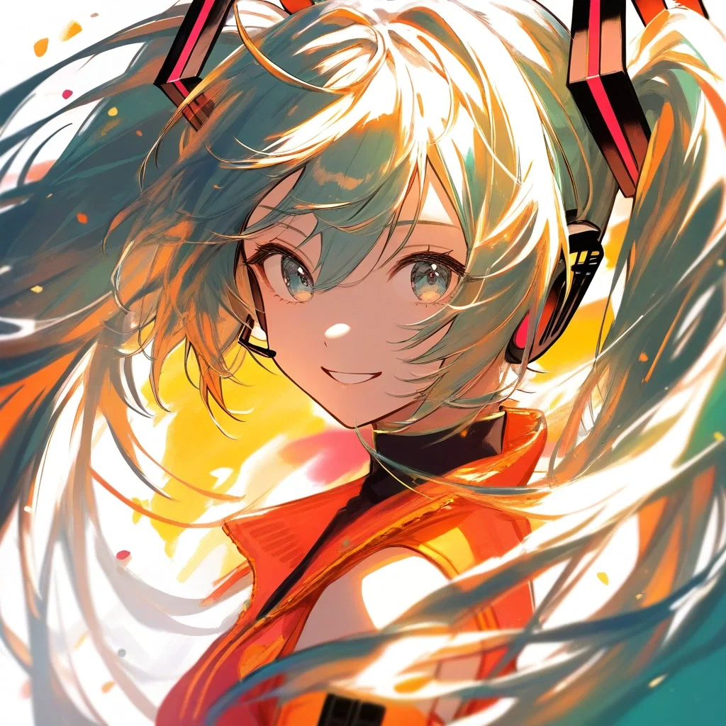 pencil sketch hatsune miku confident smile orange overlay