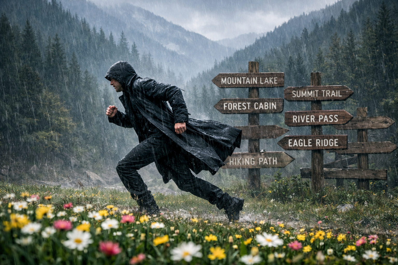 running in rainy mountain forest with flowers